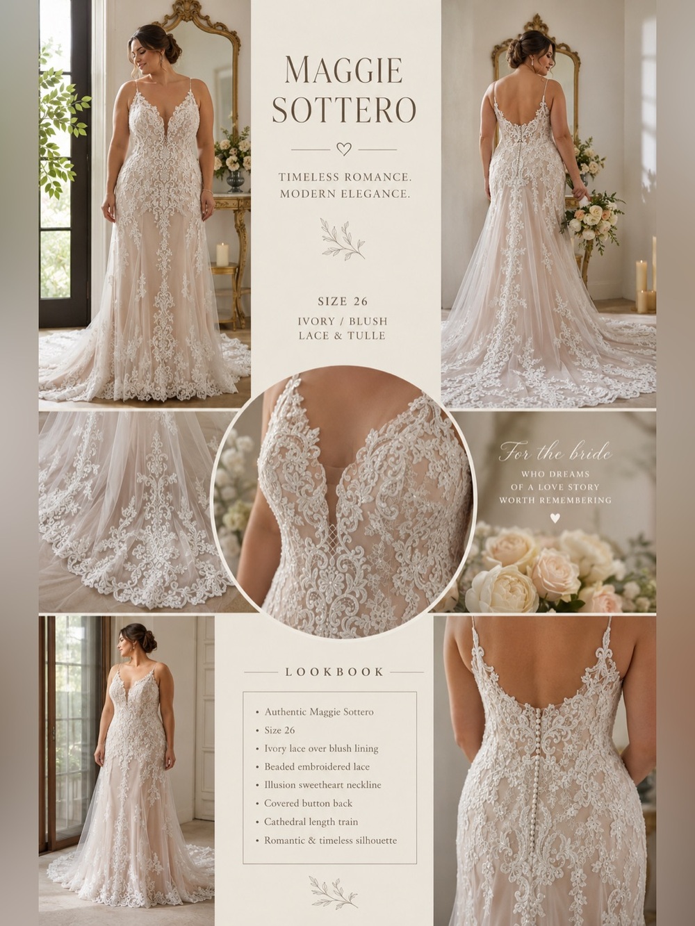 Beautiful Maggie Sottero Ivory Blush Lace Wedding Dress Size 26